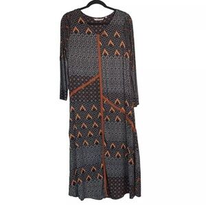 Soft Surroundings Mercado Black Orange Embroidered Beaded Geometric Maxi Dress